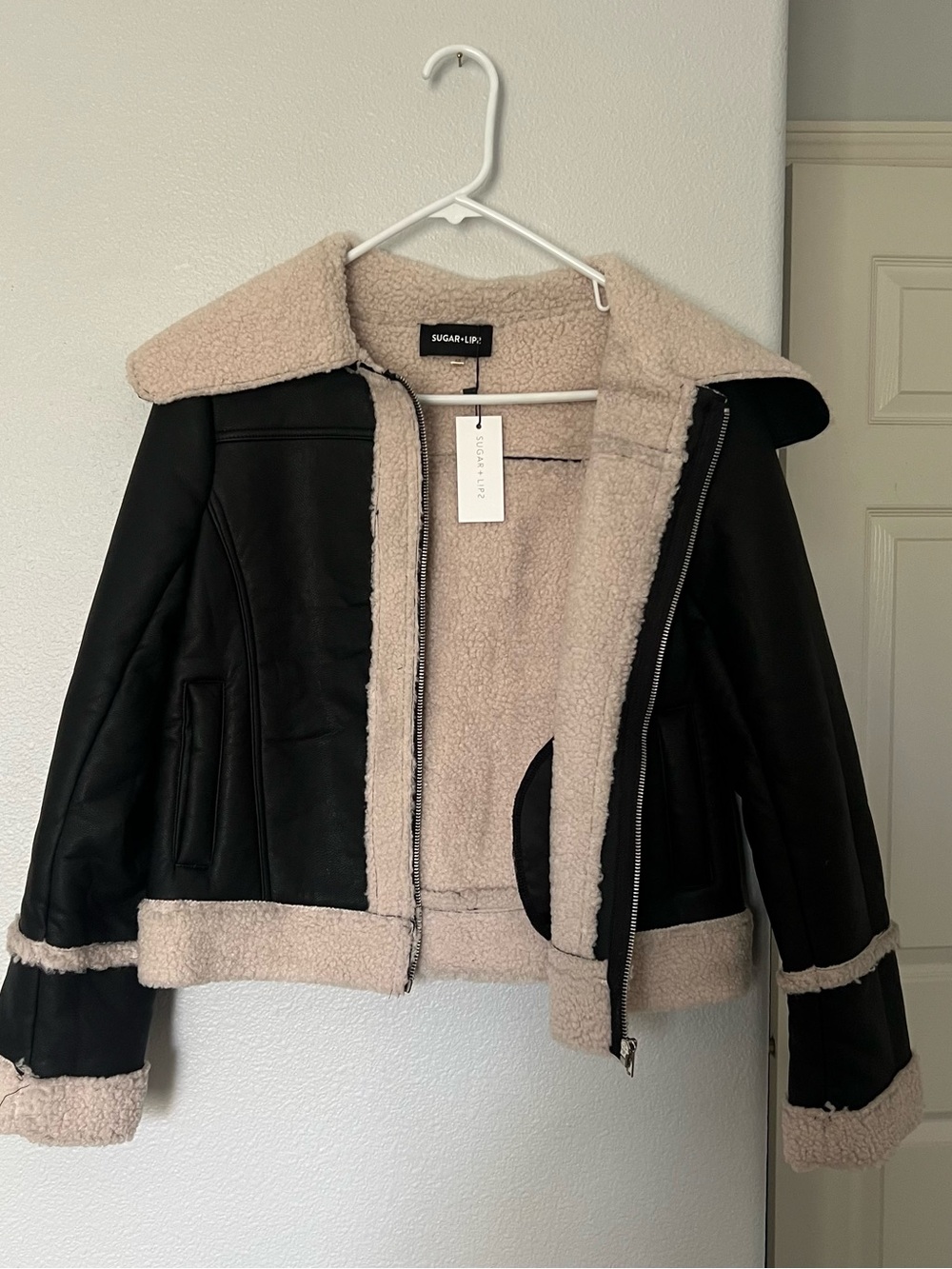 Sugarlips Black Faux Leather Jacket with Cream Sherpa Trim